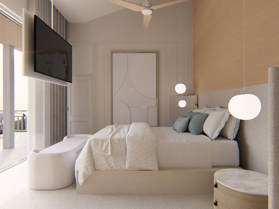 A modern bedroom with a bed, bedside tables, a TV, and a large window.