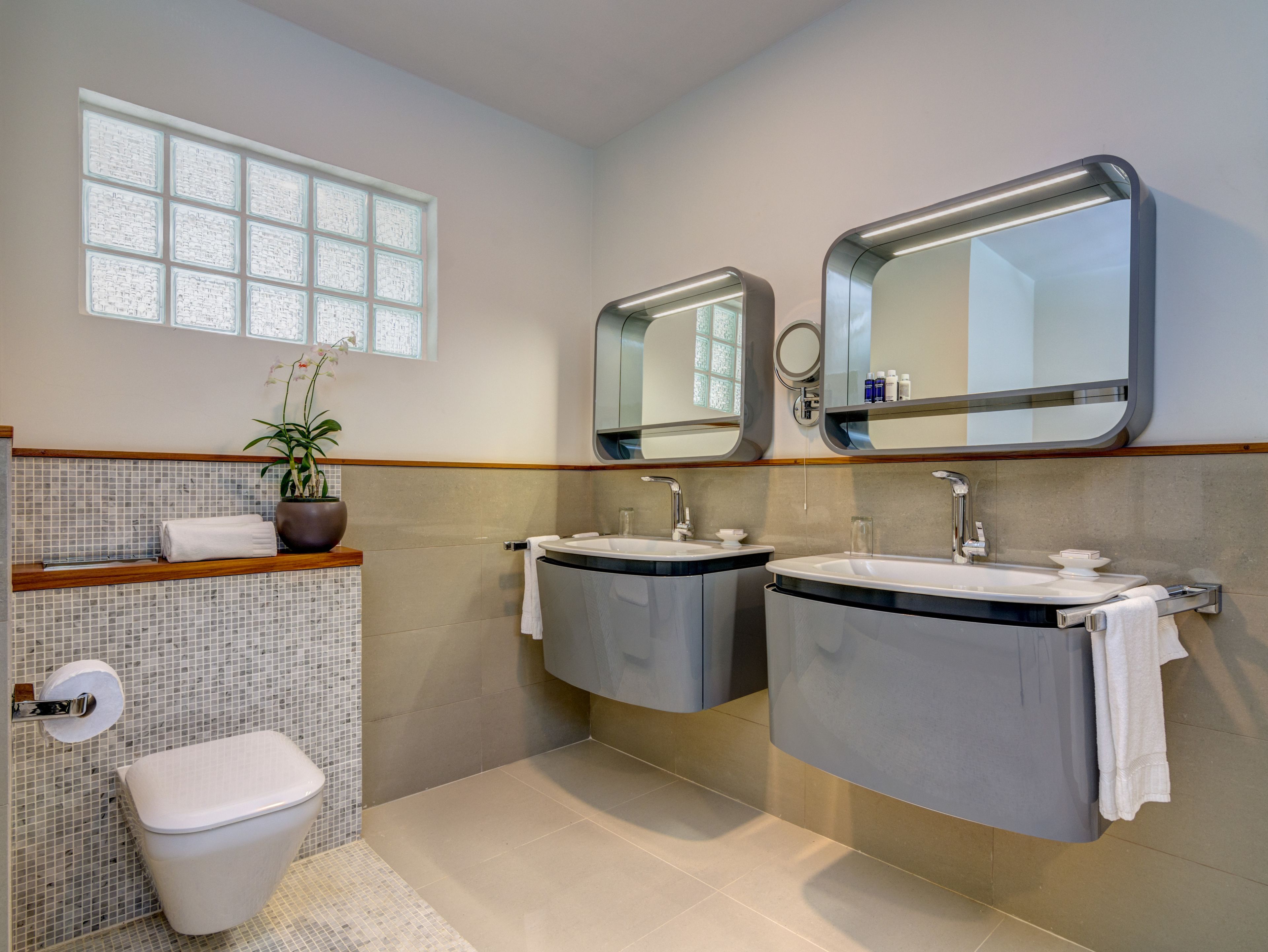 Un baño moderno con dos lavamanos, un inodoro, un ventanal y una planta en maceta.
