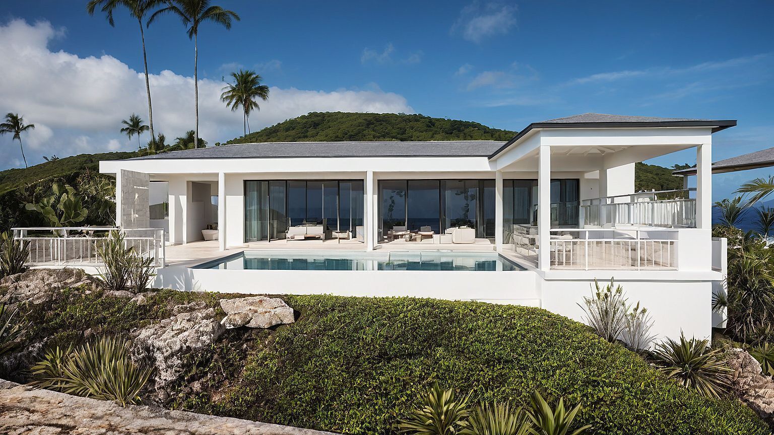 Una casa moderna con piscina, ventanas amplias y vistas a palmeras y colinas.