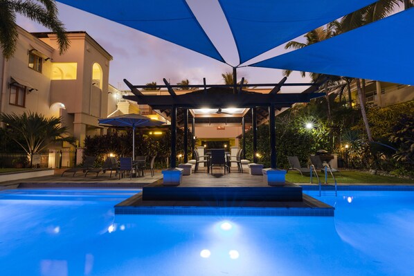 Outdoor pool, pool umbrellas, pool loungers