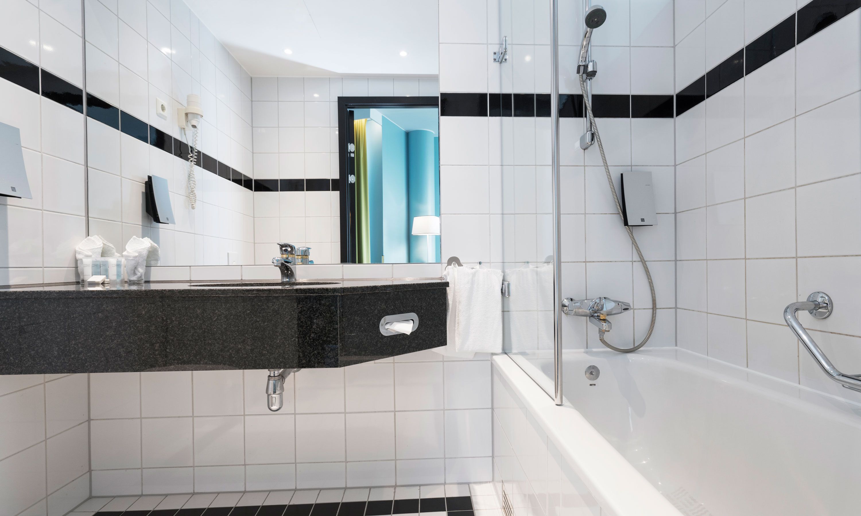 eco-friendly toiletries, hair dryer, heated floors, towels