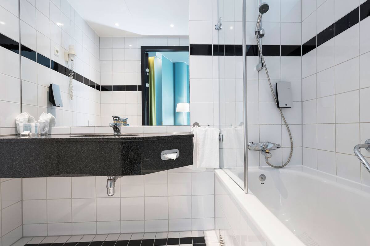 eco-friendly toiletries, hair dryer, heated floors, towels