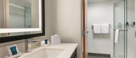 A modern bathroom with a large mirror, a white sink, and a glass shower enclosure.
