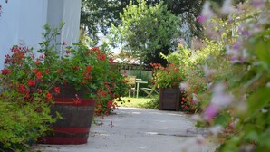 A garden pathway leading to a wooden bench, surrounded by lush greenery and flowering plants. - Hotel La Diligence (Honfleur)