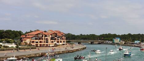 A waterfront area with boats, a crowd, and a building with a red roof.