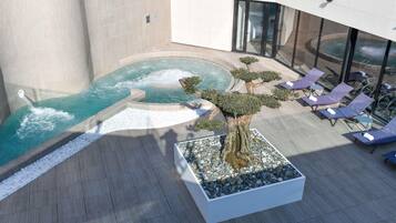 A rooftop pool area with a hot tub, lounge chairs, and a bonsai tree.