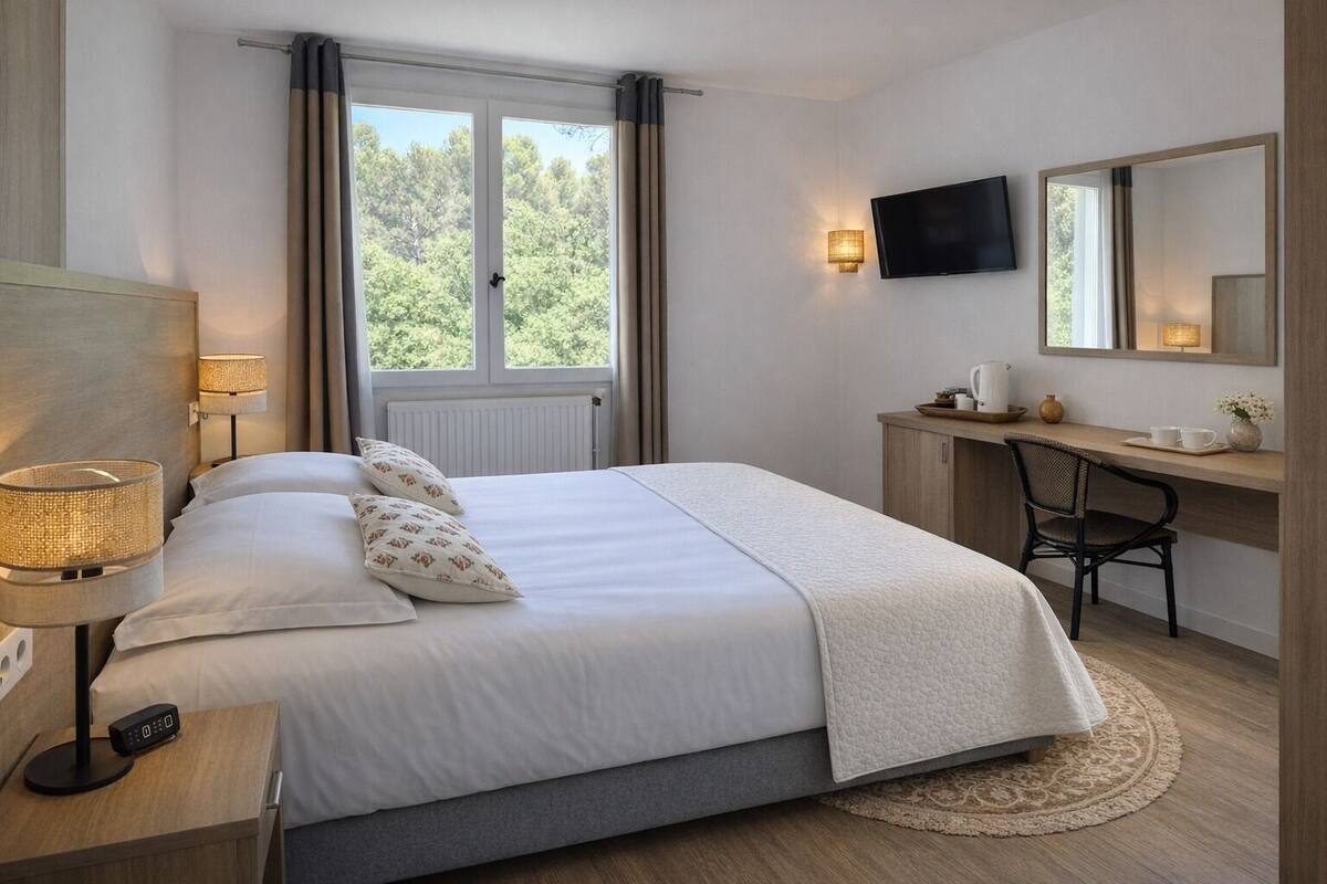 Ein Hotelzimmer mit Bett, Nachttischlampe, Schreibtisch, Stuhl, Fernseher und einem fenster mit Vorhängen.