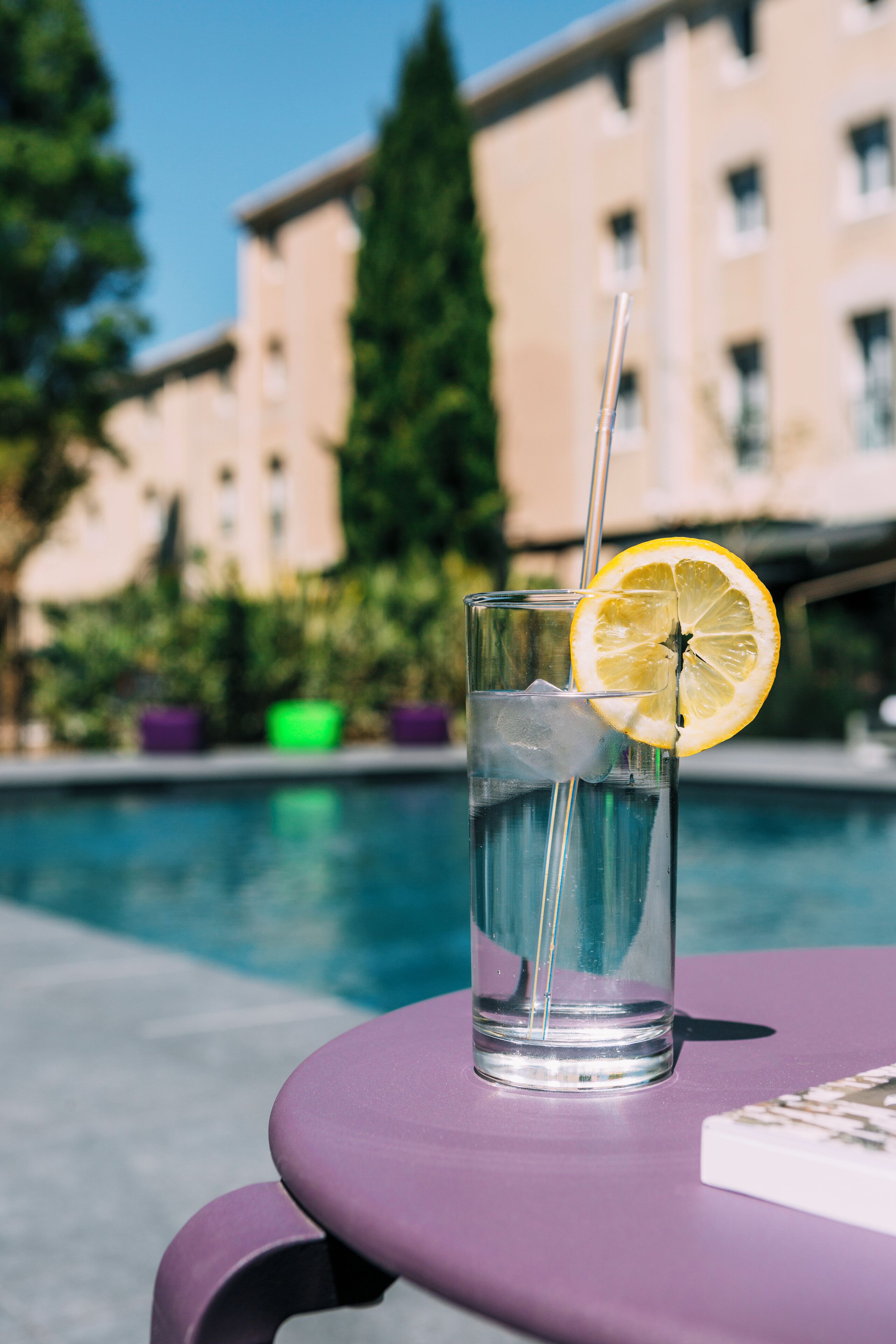 seasonal outdoor pool, pool umbrellas, pool loungers