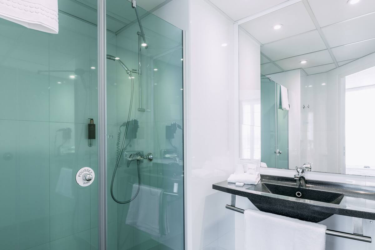 shower, free toiletries, hair dryer, towels