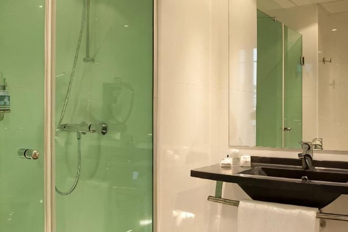 A bathroom with a glass shower enclosure, a black sink, and a mirror.
