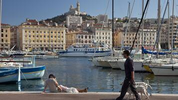 A marina with boats docked, a person walking a dog, and a woman sitting by the water.