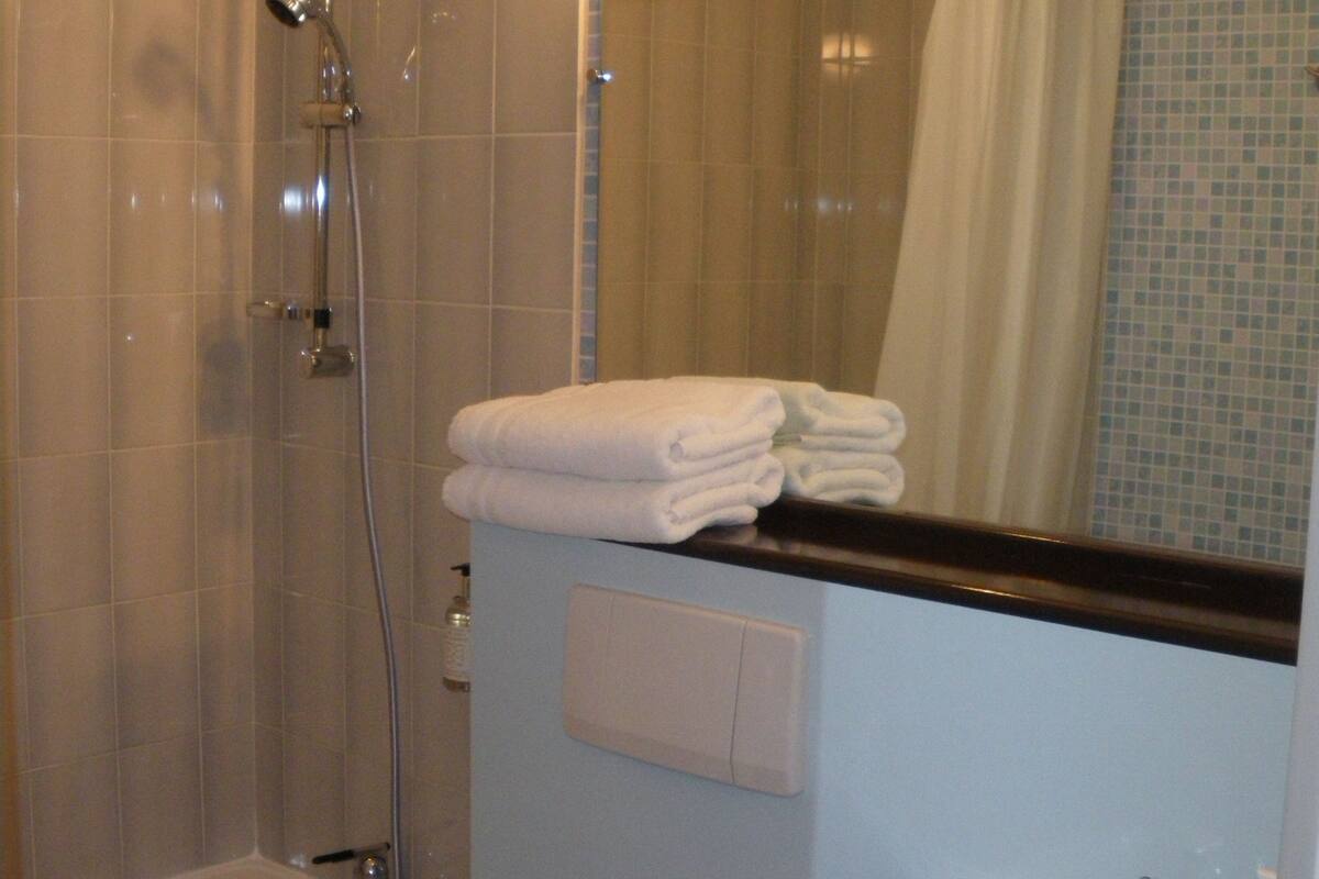standard single room | bathroom | combined shower/bathtub, free toiletries, hair dryer, towels