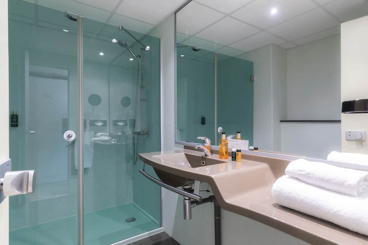 shower, free toiletries, hair dryer, towels