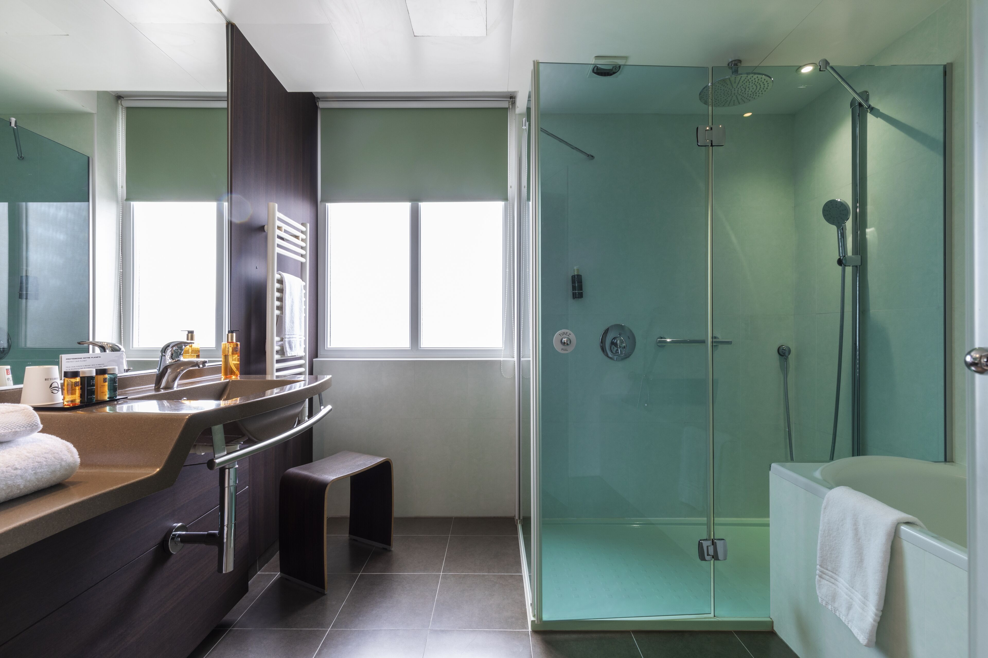 shower, free toiletries, hair dryer, towels