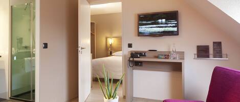 Una habitación de hotel moderna con ducha de vidrio, una cama, un televisor, una mesita con una planta y una silla roja.