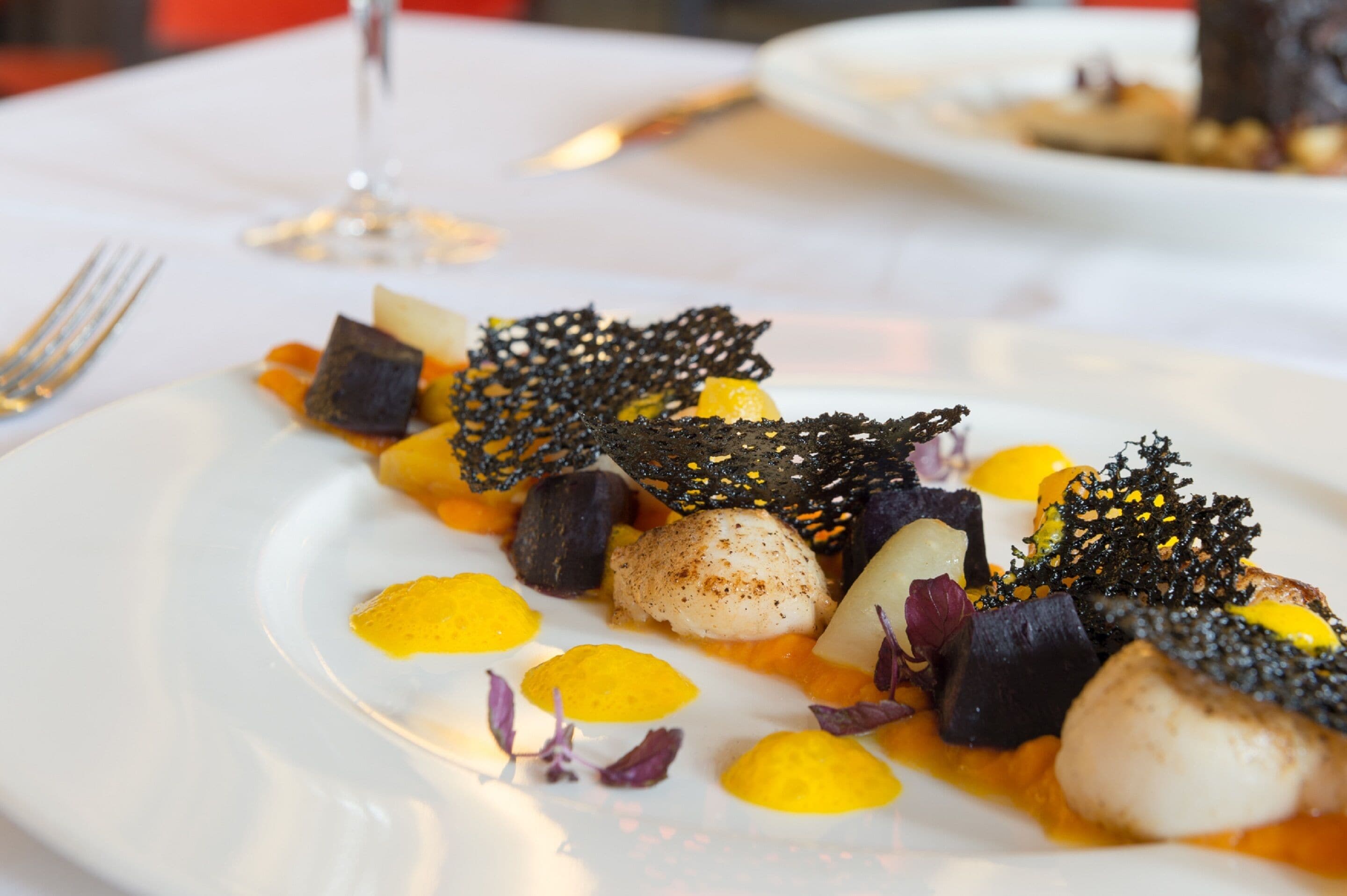 A white plate with a seafood dish, including scallops and vegetables, on a white tablecloth.