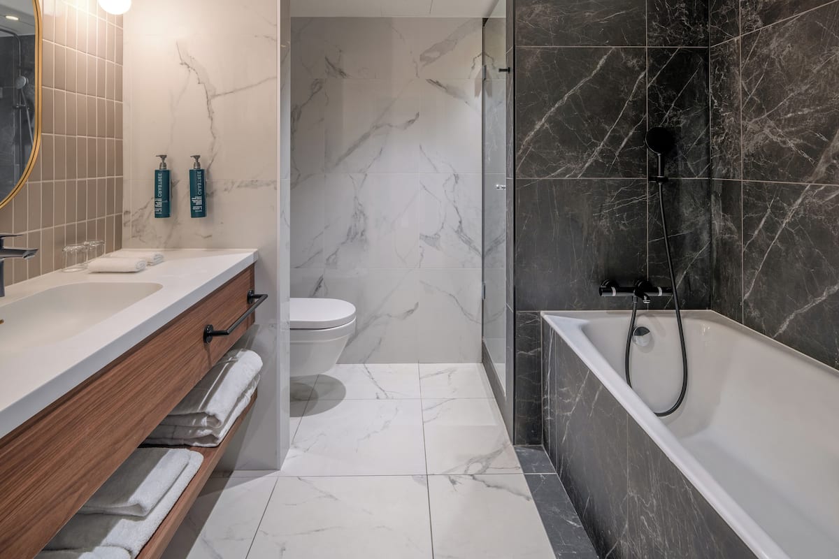 bathtub, free toiletries, hair dryer, bathrobes