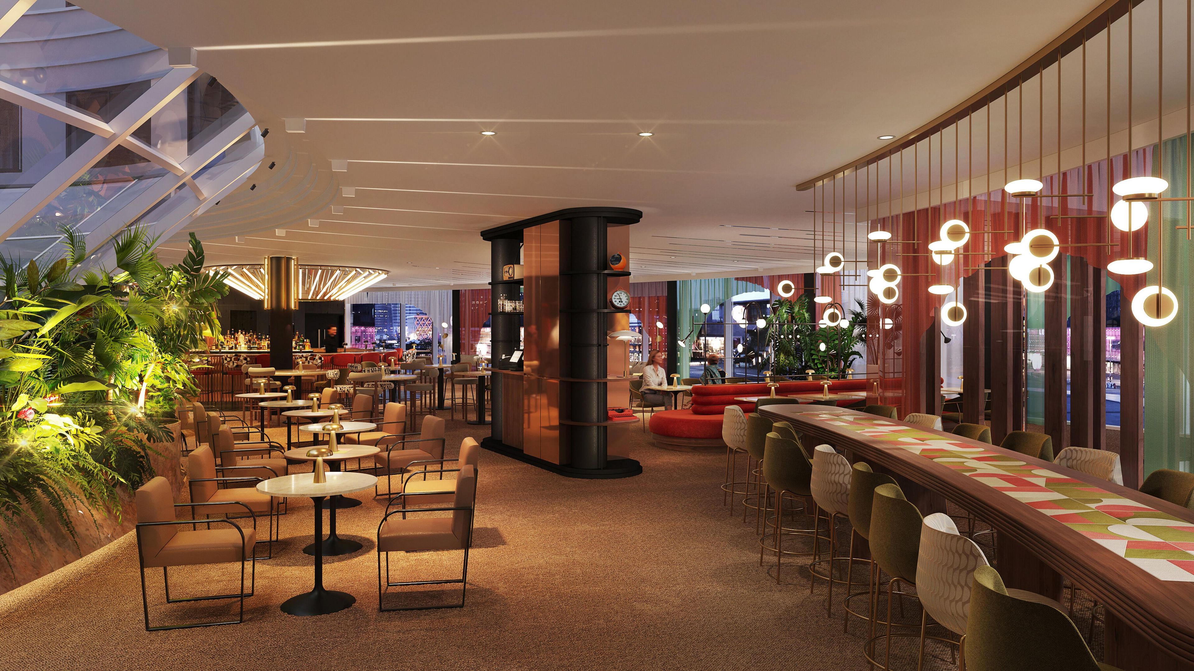 A spacious indoor area with multiple seating arrangements, a bar area, and a view of the cityscape through large windows.
