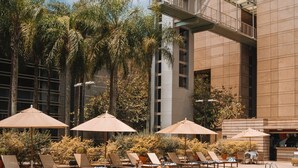 Uma piscina com espreguiçadeiras e guarda-sóis, cercada por palmeiras e um edifício moderno.