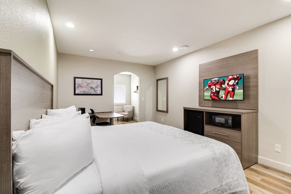 Una habitación de hotel con una cama grande, un escritorio, una silla, un televisor y un microondas.