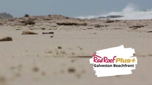 Una playa con un logotipo de RedRoofPlus y texto que indica Playa Galveston.
