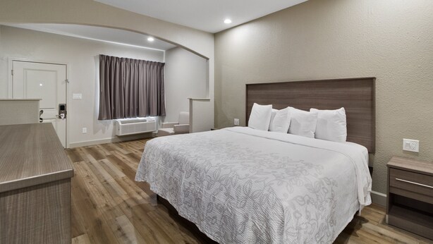 Habitación de hotel moderna con una cama grande, un escritorio y un calefactor integrado.