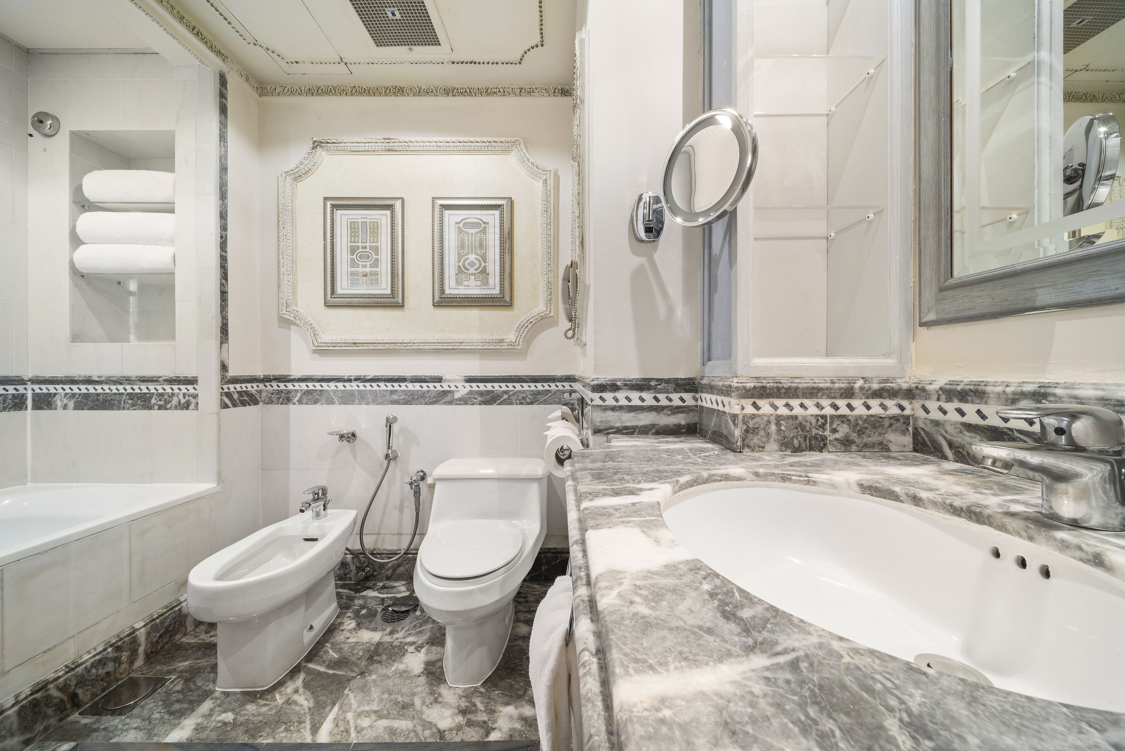 combined shower/bathtub, free toiletries, hair dryer, bathrobes