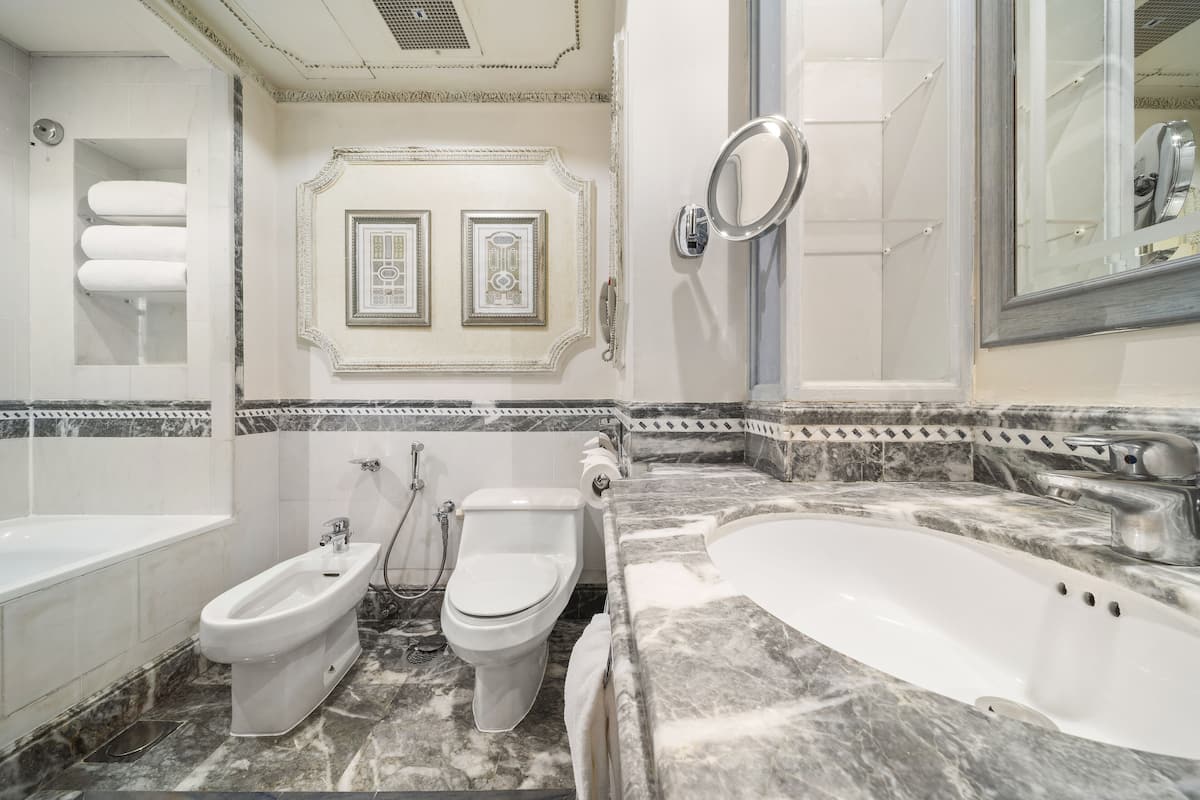 combined shower/bathtub, free toiletries, hair dryer, bathrobes