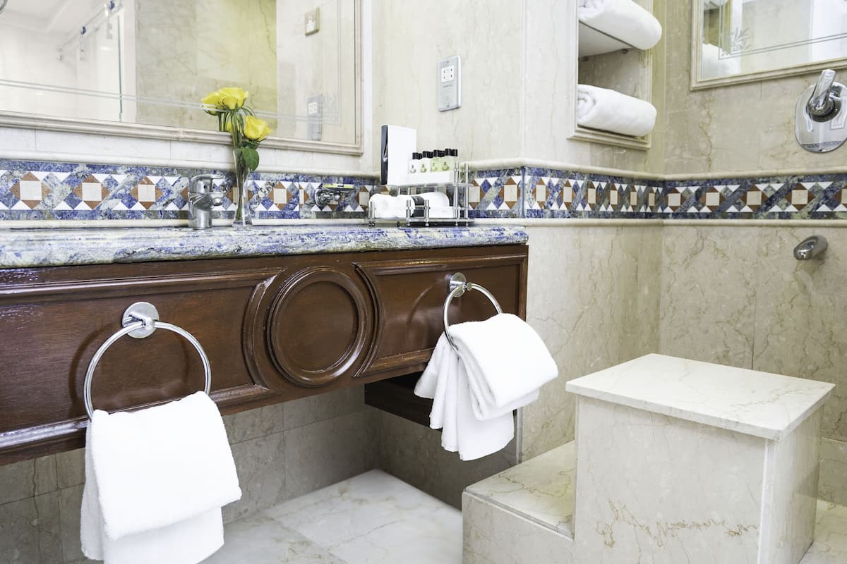 combined shower/bathtub, free toiletries, hair dryer, bathrobes