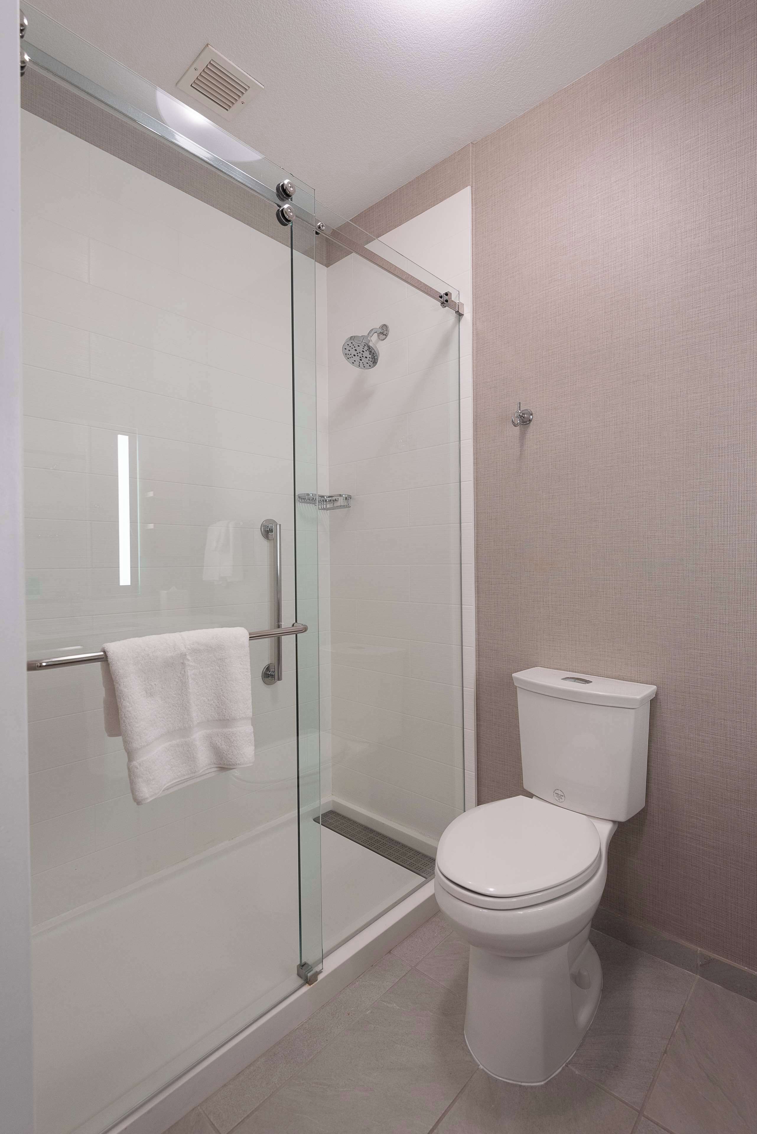 A modern bathroom with a glass-enclosed shower, a white toilet, and a towel rack.