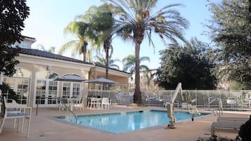 Outdoor pool, pool umbrellas, sun loungers