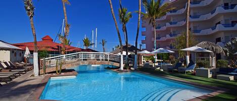 Outdoor pool, pool umbrellas, pool loungers