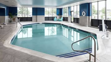 Indoor pool, open 9:00 AM to 9:00 PM, pool umbrellas, sun loungers