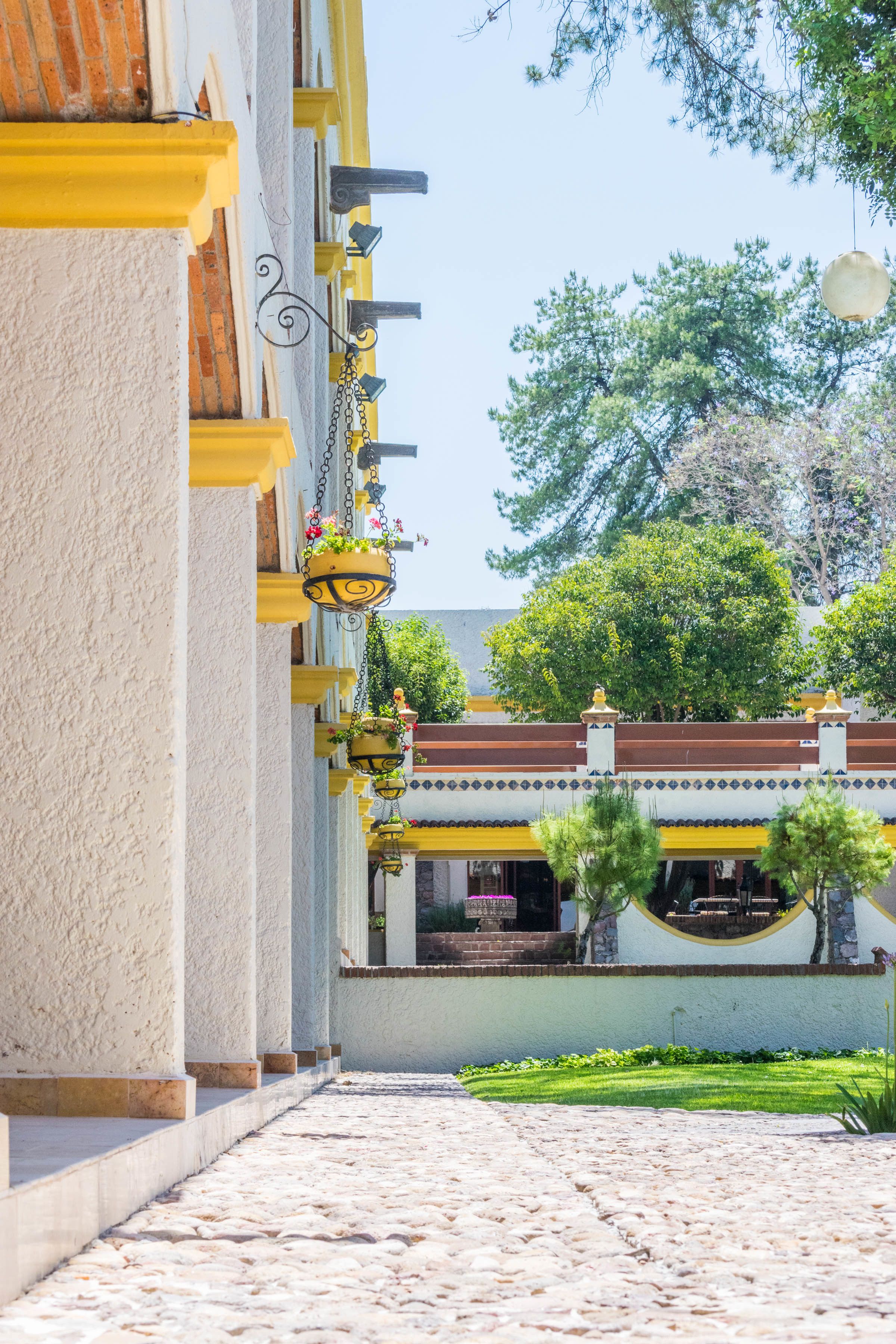 A courtyard with a cobblestone path, yellow and white buildings, hanging flower baskets, and a large tree.