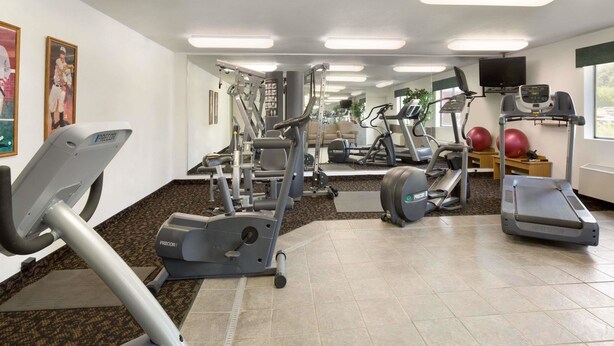 Un gimnasio con cintas de correr, máquinas elípticas y equipo de pesas.