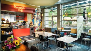 Pineapple Cafe met een bar, zitplaatsen en grote ramen met uitzicht op de omgeving.