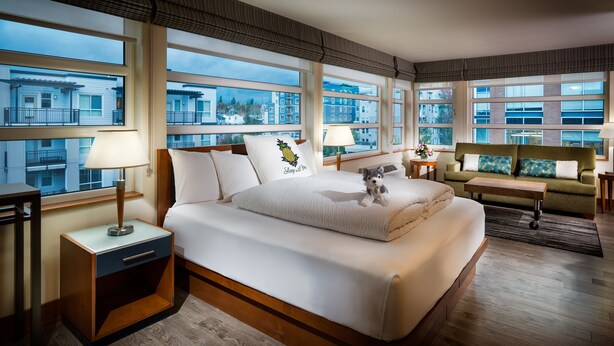 Een moderne hotelkamer met een groot bed, een bank en een bureau. De kamer heeft grote ramen met uitzicht op de stad.