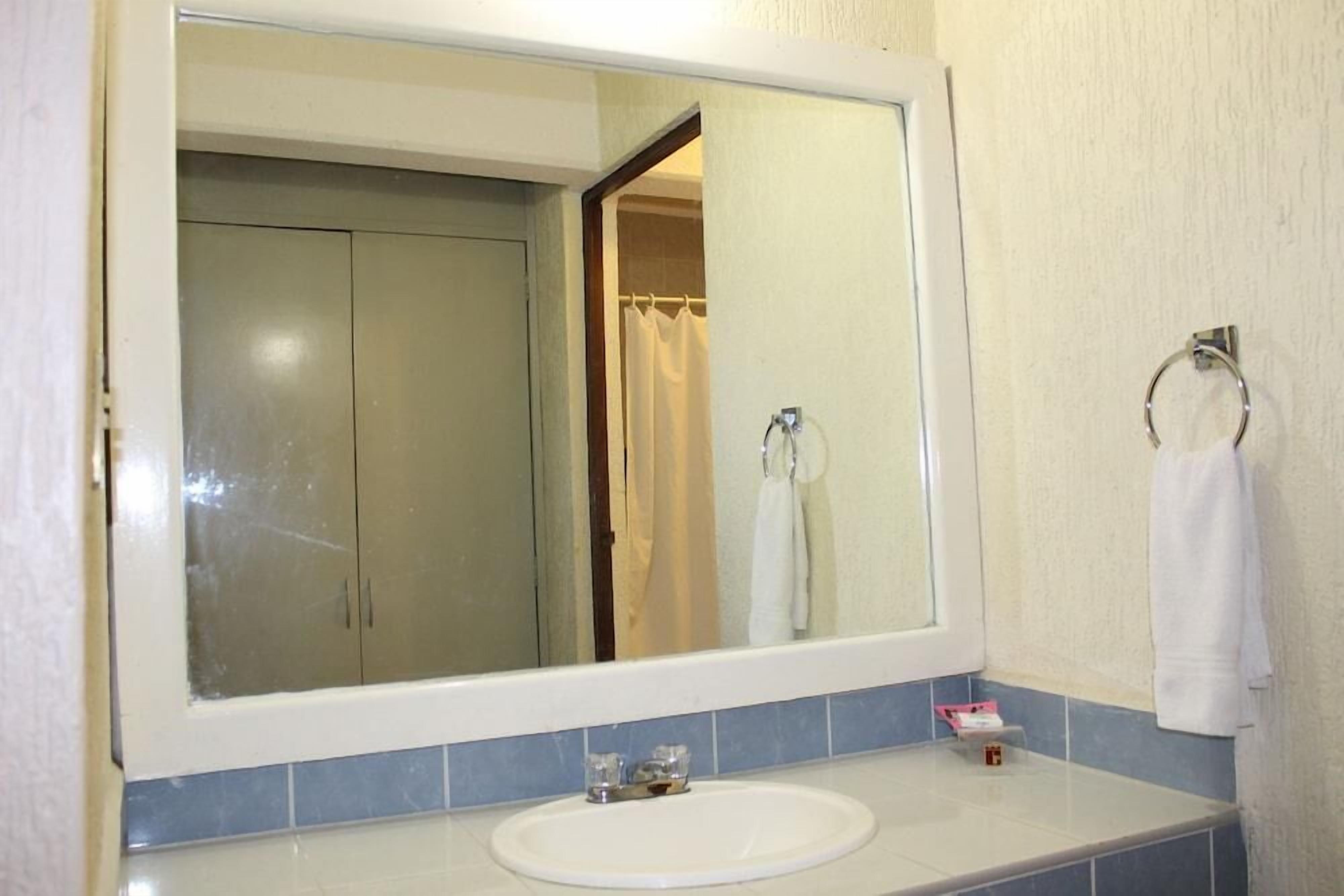 A bathroom with a large mirror, a sink, and a towel rack.