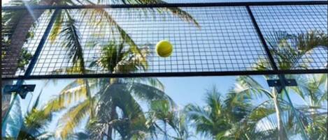 Una cancha de tenis con red, rodeada de palmeras.