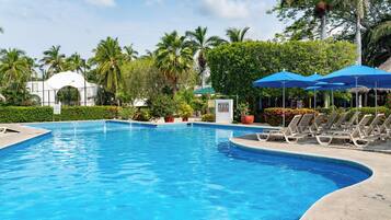 2 outdoor pools, open 9:00 AM to 9:00 PM, pool umbrellas, sun loungers