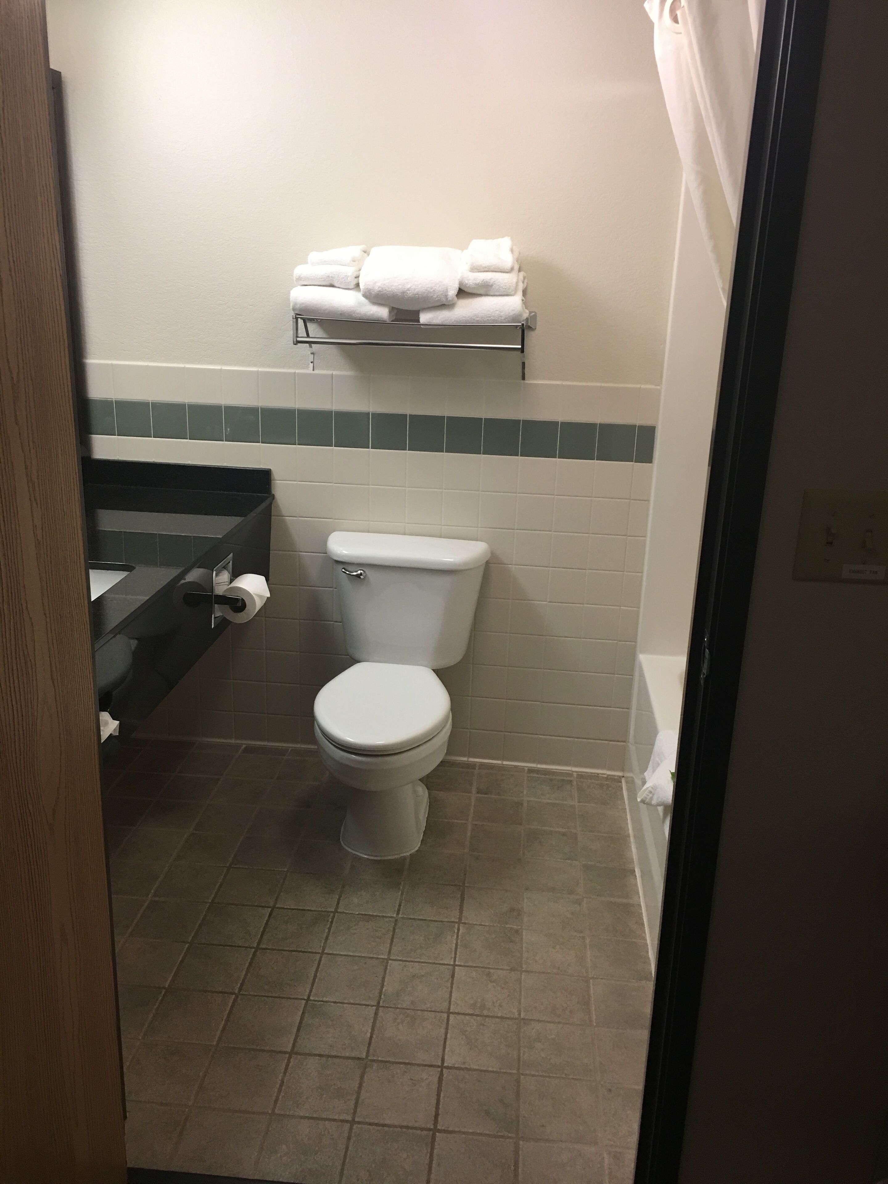 A bathroom with a toilet, a sink with a towel rack above it, and a shower curtain.
