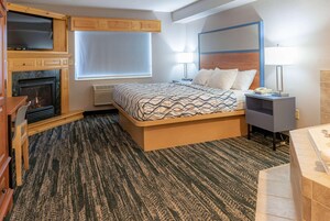 Un dormitorio con cama, televisión, chimenea, mesita de noche y baño.