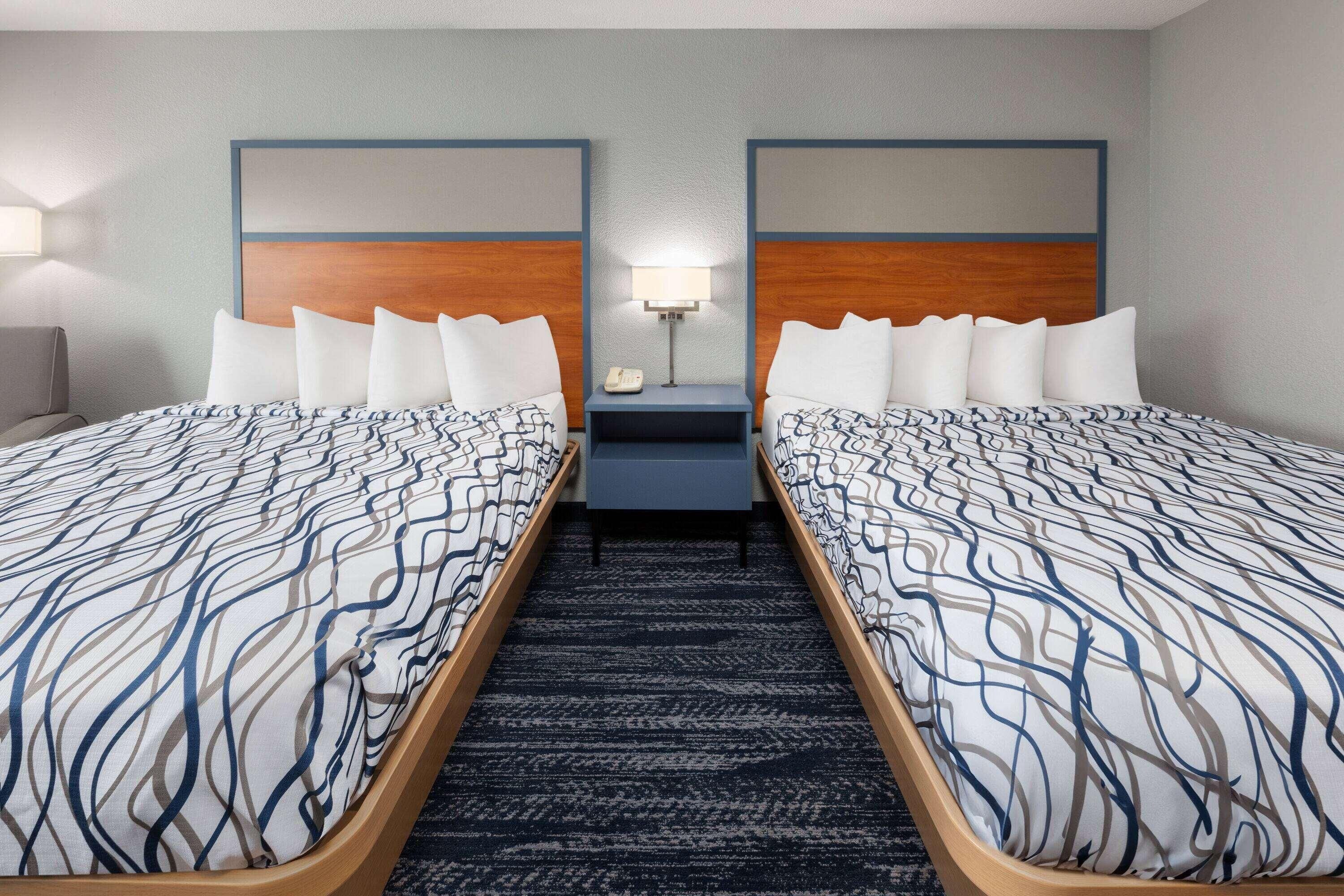A hotel room with two beds, a nightstand with a lamp, and a carpeted floor.