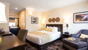 Een hotelkamer met een bed, een bureau, een stoel, een bank en een nachtkastje met een lamp.