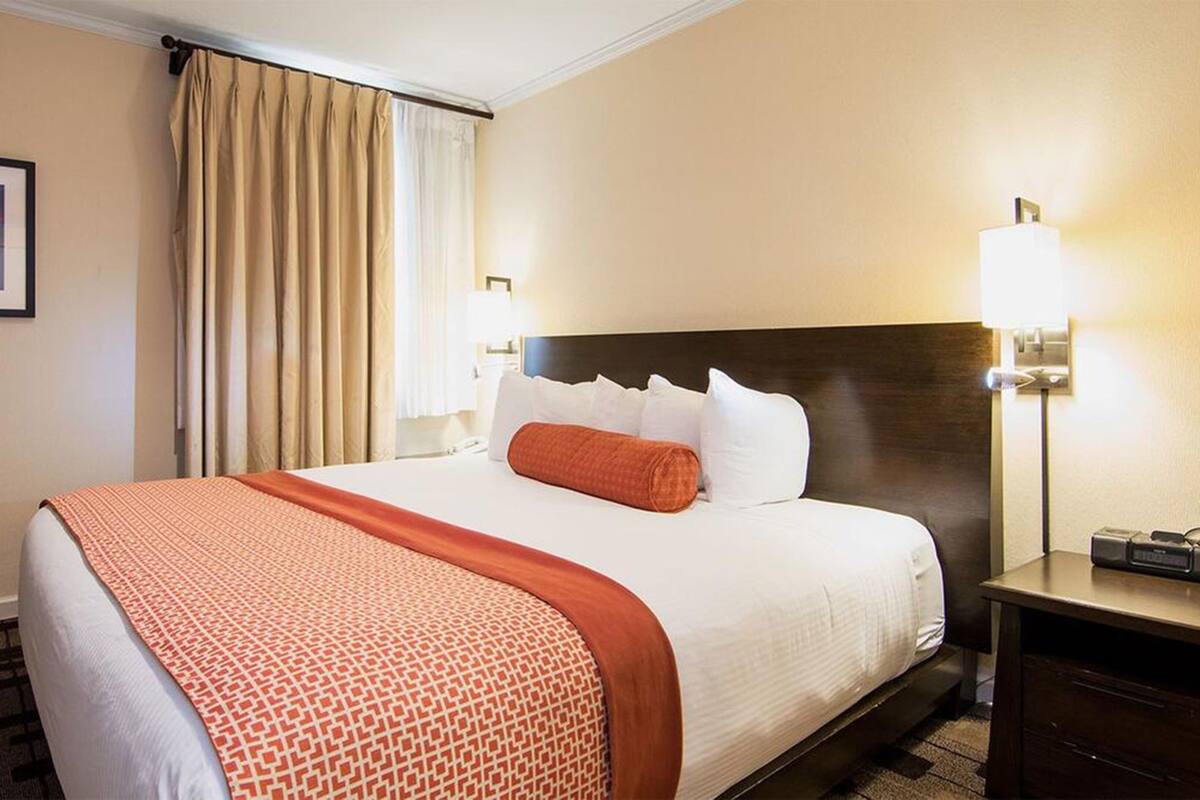 A hotel room with a large bed, a headboard, two bedside lamps, a nightstand, and a framed picture on the wall.