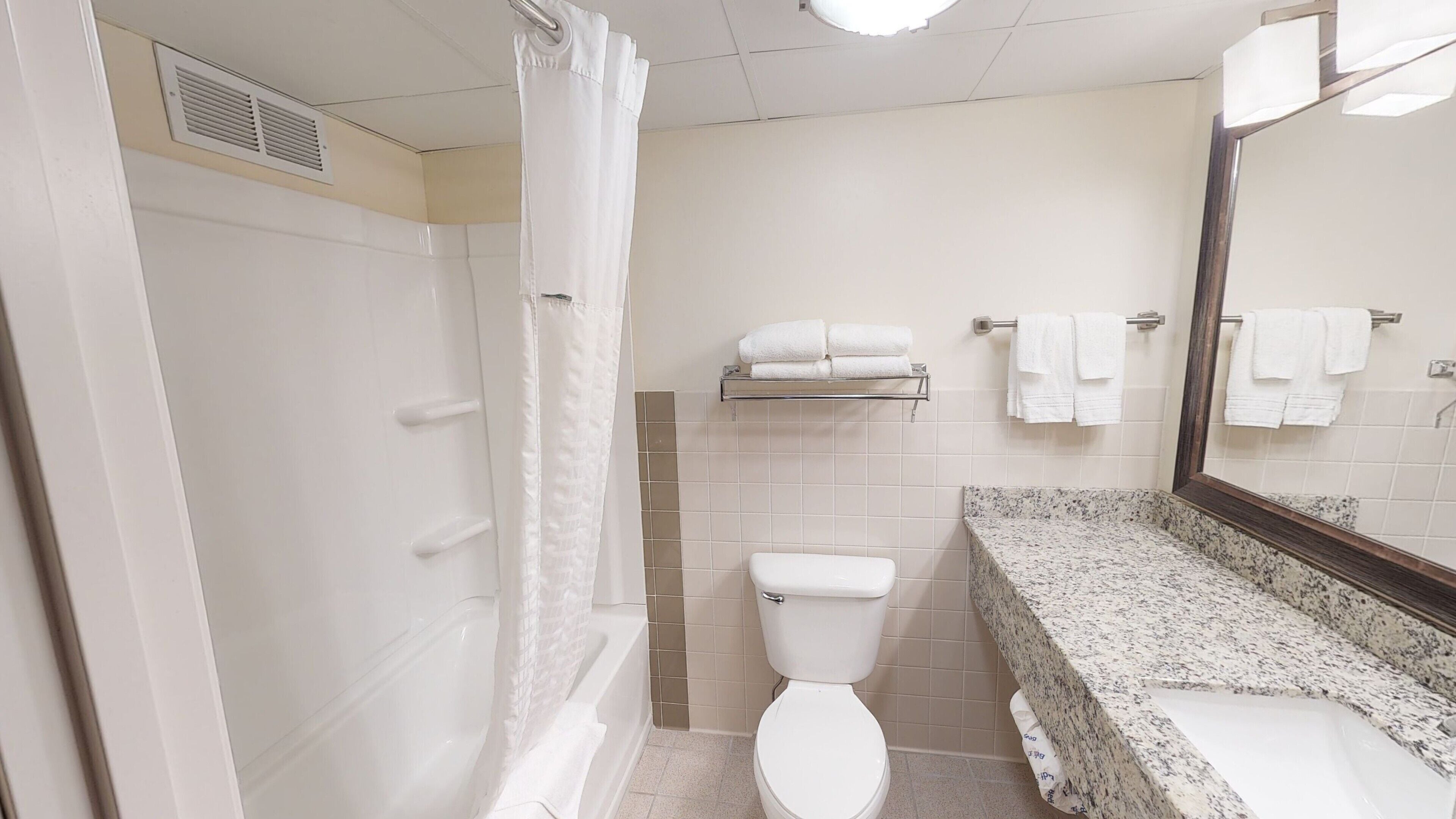 Un baño con ducha, inodoro y lavamanos.