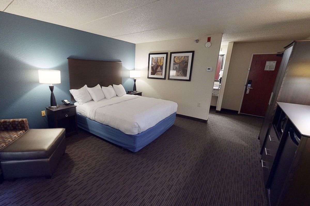 A hotel room with a bed, a sofa, a desk, and a TV.