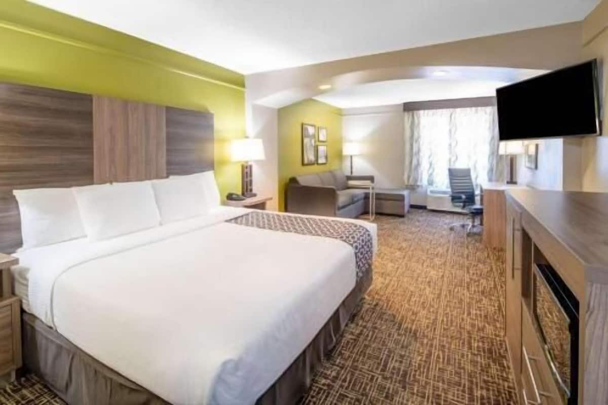 A hotel room with a large bed, a desk, a chair, a TV, and a window with curtains.