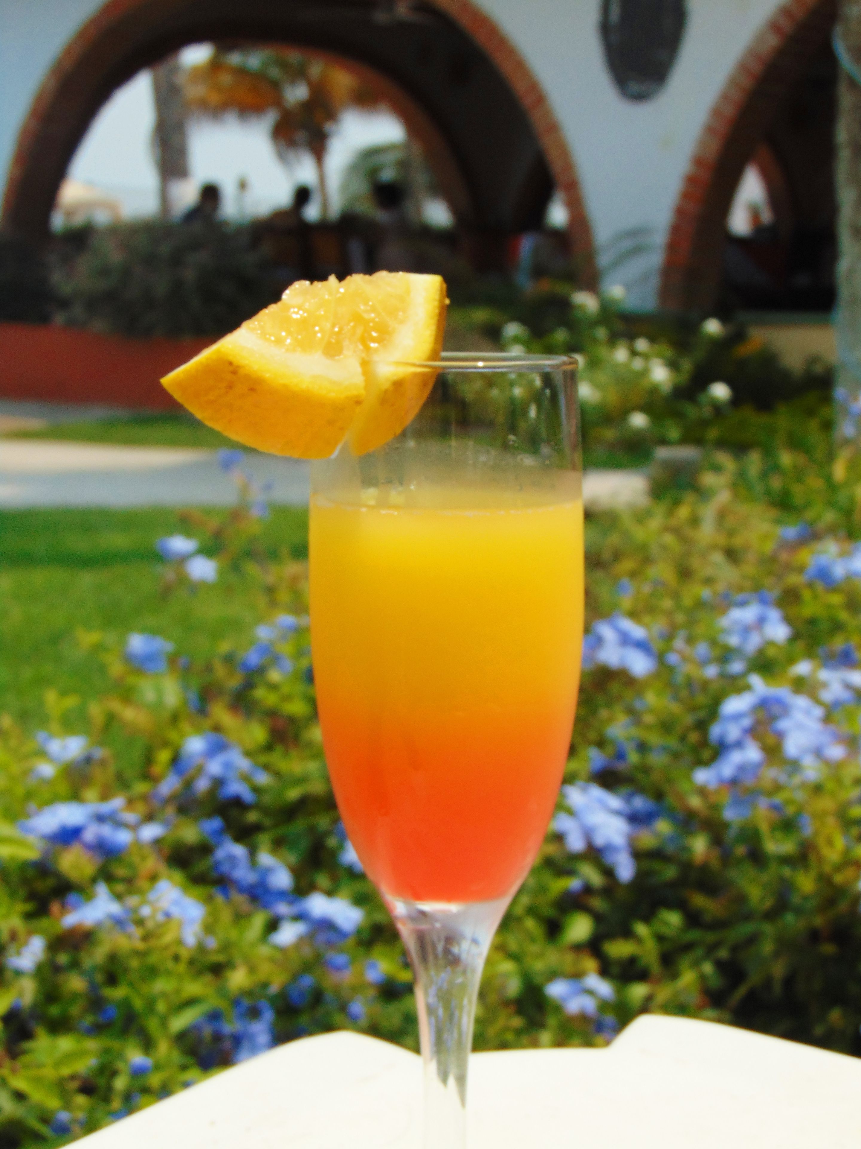 Un grand verre contenant un liquide aux nuances d’orange et de jaune, agrémenté d’une tranche de citron, le tout mis en valeur par un arrière-plan de verdure et un bâtiment orné d’arcades.