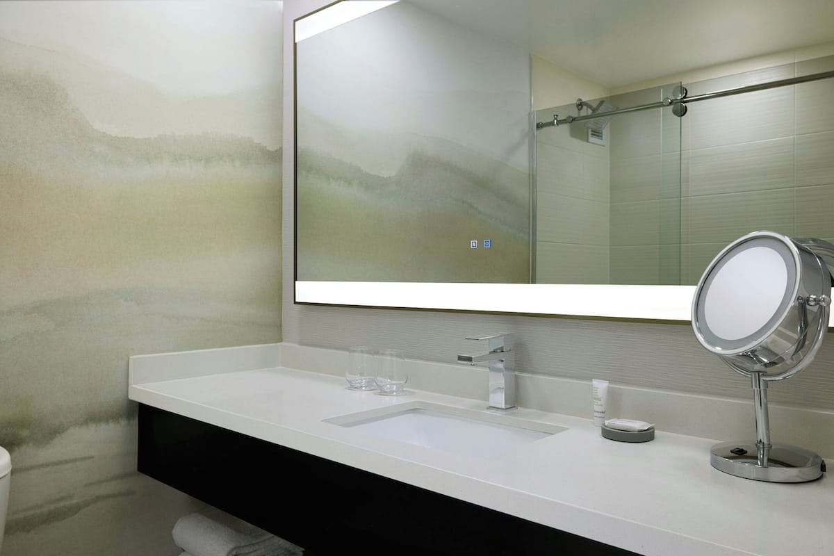 Combined shower/bathtub, designer toiletries, hair dryer, towels
